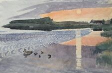 Aquarelle Karl Adser 1912-1995 Impressionniste Rive Côte Avec Famille Canard