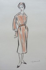 DESSIN DE MODE LA ROBE ET LE CHAPEAU ORANGE GOUACHE SIGNE DE 1956 (9)