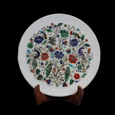 Plaque d'incrustation de marqueterie de paon en marbre blanc artisanale - 12"...