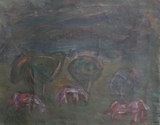 Tableau ancien huile paysage de chevaux de pâturage