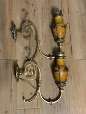 APPLIQUES MURALES LAITON BRONZE ET PORCELAINE ORANGE MARRON ANCIEN