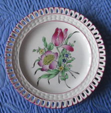 Assiette dessert Bord dentelle Lunéville K G Réverbère  rose pivoine D 18 cm