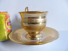 VERY LARGE ANTIQUE 19th C. OLD PARIS GOLD PORCELAIN CHOCOLATE CUP & SAUCER 1830s