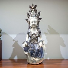 Statue ancienne Guanyin céramique émaillée bleu blanc 32cm Chine antique