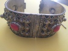 Ancien Bracelet Manchette métal Argenté  email émaux Berbére Kabyle