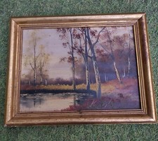 ANCIENNE PEINTURE HUILE SUR CARTON  PAYSAGE SOUS BOIS ENCADRE FRENCH ANTIQUE