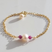 bracelet pl or jaune 18ct perles de culture pierre précieuse rubis fait main