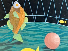 Très Beau  Dessin Surréaliste Gouache Papier Poison Aquarium 1960 A Identifier