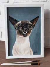 Tableau chat siamois riant animal de compagnie art original à l'huile...