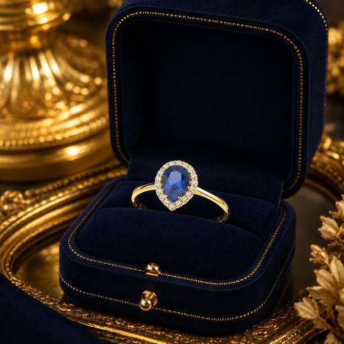 Bague halo saphir bleu - , en