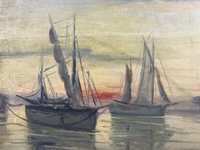 Huile sur panneau Paysage Marin Bateaux en Mer au Coucher de soleil Signé