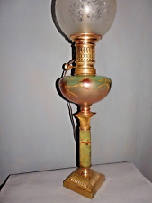 ANCIENNE LAMPE A PETROLE BRONZE BOL EMAILLEE POLYCHROME PIED ONYX +BOULE+VERRE