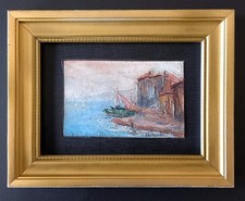 Tableau miniature huile sur bois signé G Walter, marine un soir aux Martigues 