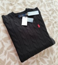Pull Homme Ralph Lauren   Torsadé Noir Logo Brodé Rouge  Taille S 100% Coton 85€