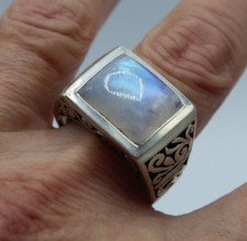 Ancienne Bague en Argent Massif 925 et Cabochon de Labradorite Blanche T.66