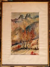 grand tableau aquarelle signée: paysage de montagne