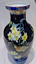 grand vase potiche en céramique décor oiseau fleur peinture émaillée bas & haut