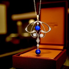 Collier Pendentif Doré Vieilli Lapis Lazuli Bleu Naturel Art Nouveau Style SB22