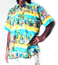 Hommes Chemise Hawaïenne, Jaune / Turuoise Avec Bière Flacons XXL, 142cm de Cerf