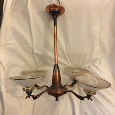 Ancien Lustre En Cuivre 4 Coupelles En Verre Granité Luminaire Éclairage