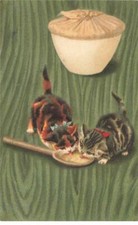 CHATS #MK41485 DEUX CHATONS QUI MANGE DANS UNE CUILLERE EN BOIS