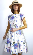 French Vintage 1950s Cotton Polka Dot Floral Blue Dress ROBDOL PARIS Size 6