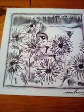 MARTINERY Aquarelle 4 Noir Et Blanc Dessin Chat Fleurs 