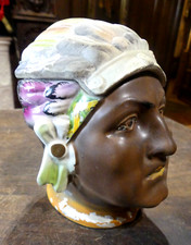 POT A TABAC porcelaine  barbotine 20ème " TÊTE D'INDIEN D 'AMERIQUE     "