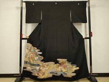 Kimono japonais noir pièce tomesode broderie paysage de voiture impérial coul...