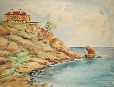 Tableau aquarelle réaliste vintage paysage marin de la côte