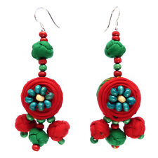 Boucles d'oreilles Femme Rouge Vertes Coton Perles Bois attache argent 925