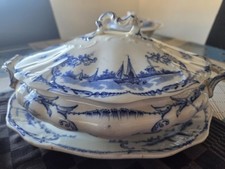 1879 antique Pair Of Delph 293046 Blue & White Soup Serving Dish Sailboat Scene 