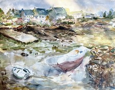 Ancien tableau marine mer Bretagne bateau port animé breton peinture paysage XXè