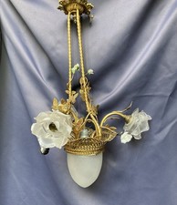 lustre ancien Panier Bronze Fleurs Porcelaine 