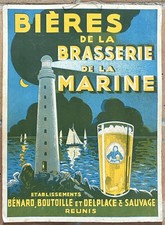 CARTON PUB BIÈRES BRASSERIE MARINE PHARE BÉNARD BOUTOILLE DELPLACE CIRCA 1940