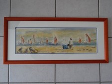 Grand Tableau Gouache Signé Bord de Mer Plage Animée encadré