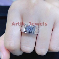 Moissanite Avec Plaqué or Blanc 925 Argent Sterling Chevalière pour Homme #238