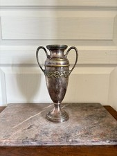 Ancien Vase Amphore Anse Métal Argenté Décor Floral Fleurs France