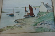Marine fine aquarelle de 1939 signée "voiliers bretons au mouillage" ?