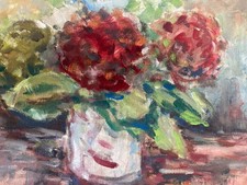 Belle Peinture 1960 Huile Sur Papier Bouquet Fleur Fleurs À Identifier Art Vase