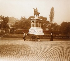 BELGIQUE Liège Statue équestre de Charlemagne c1900 Photo Plaque Stereo Vintage