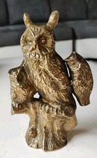 Figurine/Famille Chouette & petits hiboux Debout Sur Tronc. En Bronze Doré