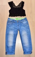 pantacourt jeans bleu et blanc taille 34 taille basse