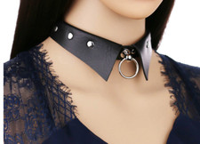 Collier faux col simili cuir noir inspiration bdsm fetish anneau argenté sexy