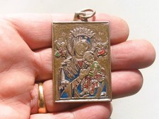 BELLE et GRANDE MEDAILLE ANCIENNE / VIERGE A L'ENFANT en BRONZE avec EMAIL