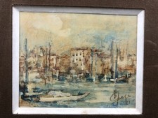 Petite peinture à l'huile - Vue du port - Signé