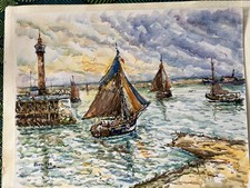 Tableau Robert L P Lavoine - huile - crevettiers à Honfleur - signé