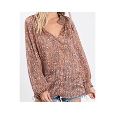 CES FEMME Floral Print Sheer Woven Fabric Brown Blouse 