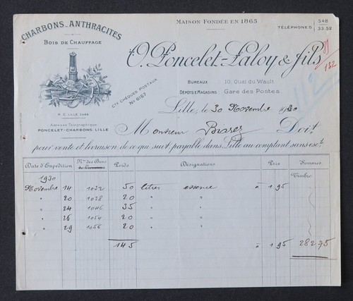 Facture lille 1920 charbons - facture,