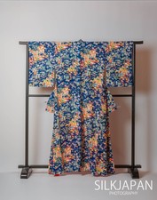 Kimono japonais vintage Houmongi soie femme robe bleu paysage floral coloré